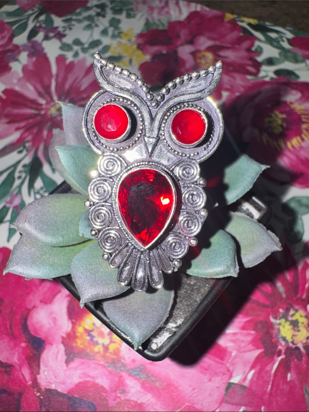 Silver Garnet Owl Ring